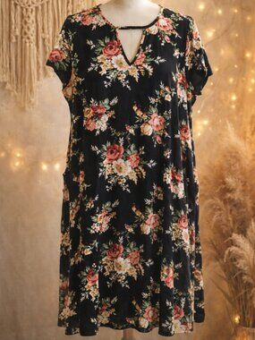 Vibe Sportswear Black Floral Dress 3X Boho Cottagecore Garden Party Casual